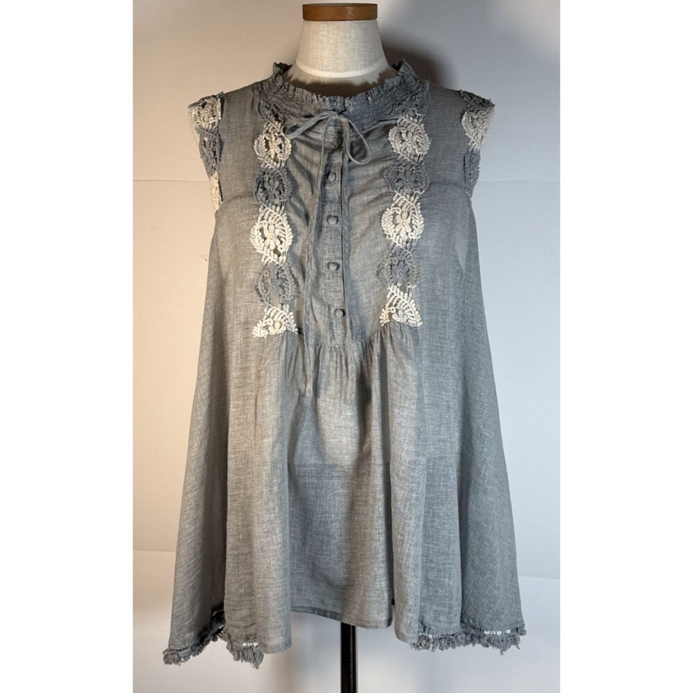 Ryu Lace Boho Tunic Top  Sleeveless Hi Low Hem Semi-Sheer Cotton XL